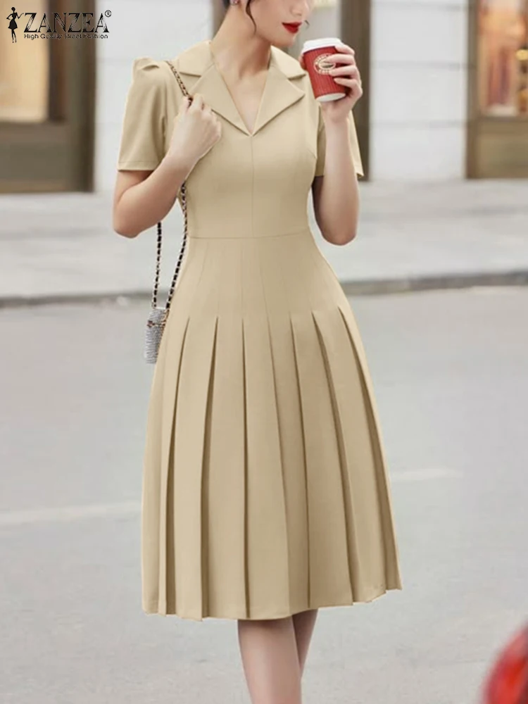Work Sundresses ZANZEA Summer Lapel Neck Short Sleeve Office Sundress Women Work OL ...