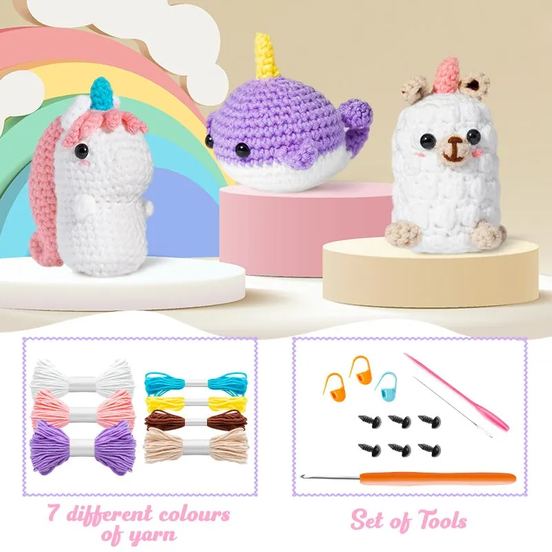Beginner Crochet Kit for Kids Animals Cotton Crochet Starter Kit DIY Craft Complete Material Pack Knitting Enthusiast Handicraft