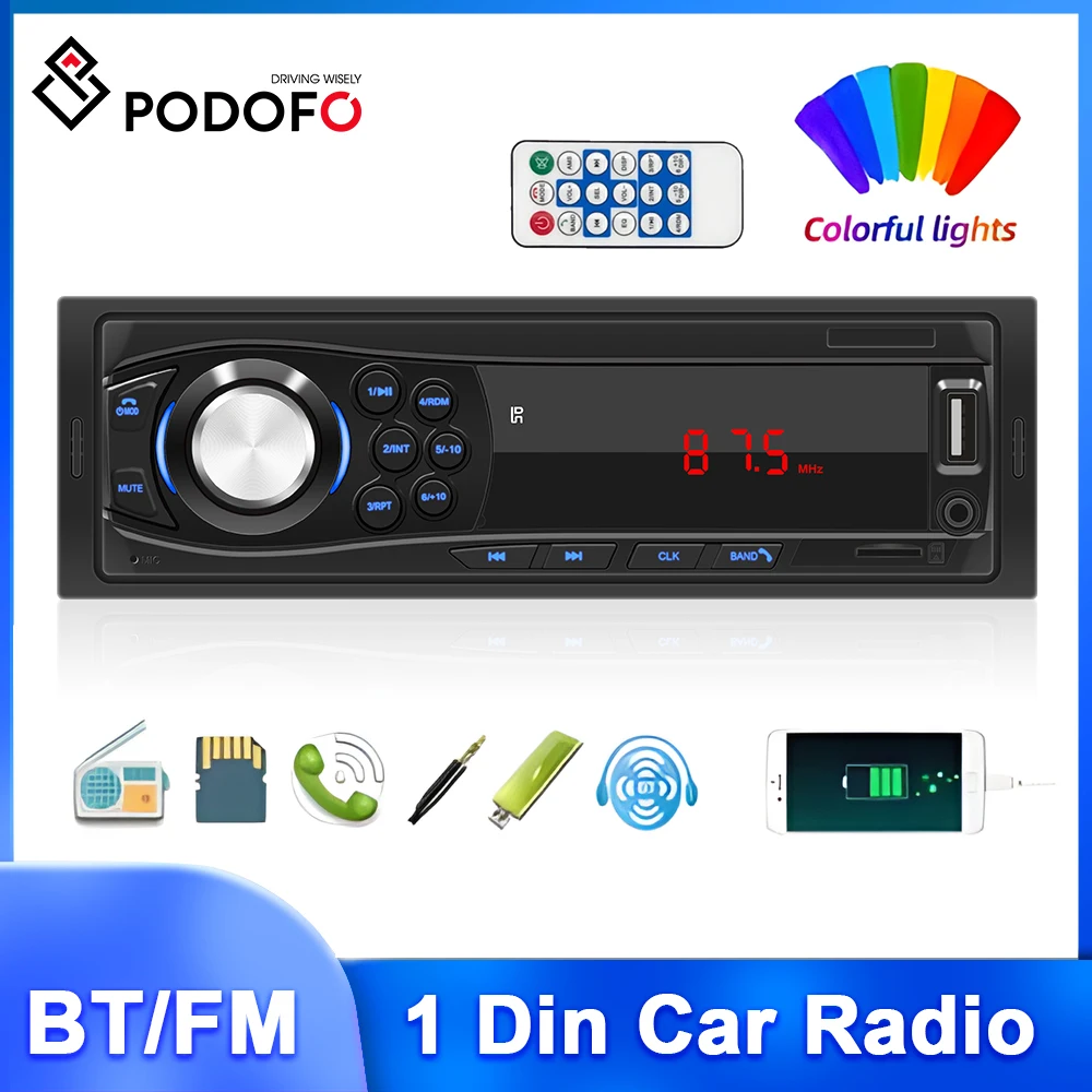 Podofo 1din MP3 Player Car Radio Multimedia Player Digital Bluetooth FM Music Stereo DC 12V 1Din Car Stereo Receiver Audio