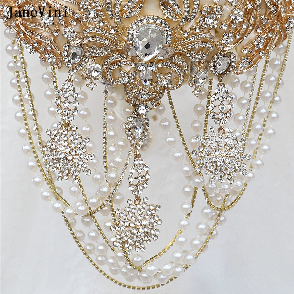 JaneVini Luxury Full Diamond Bridal Bouquets with Gold Jewelry Ivory Satin Roses Pearls Tassels Bride Flower Bouquet for Wedding