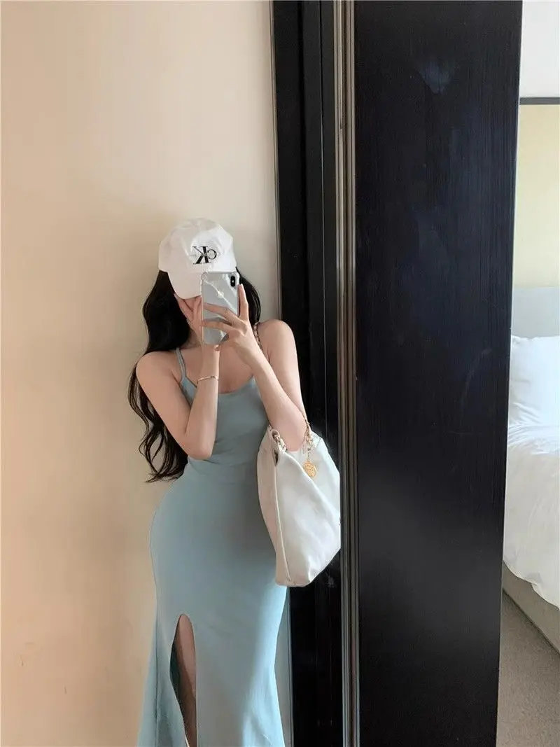 

Backless Dresses Women Sexy Side-slit Club Wear Female Charming Sheath Summer Ins Simple Popular Korean Style Party Temperament