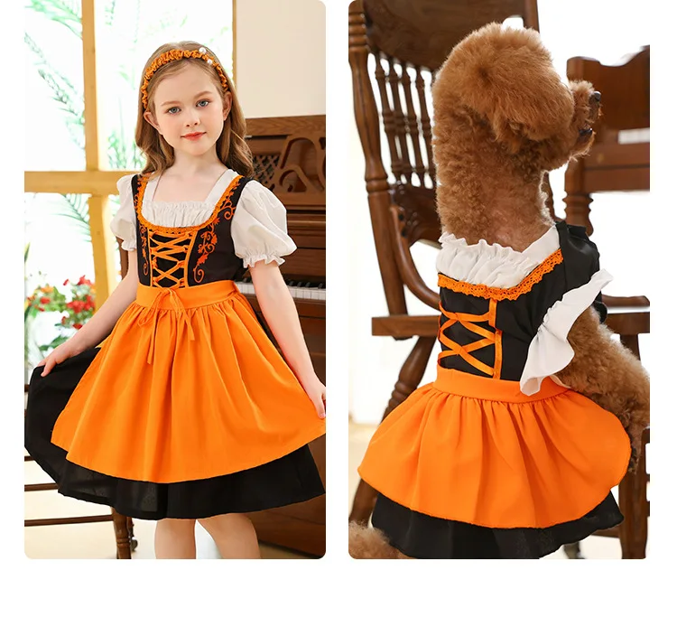 German Beer Festival girls' performance costume Halloween pet dog cosplay Costume orange set for Kid girls and pet