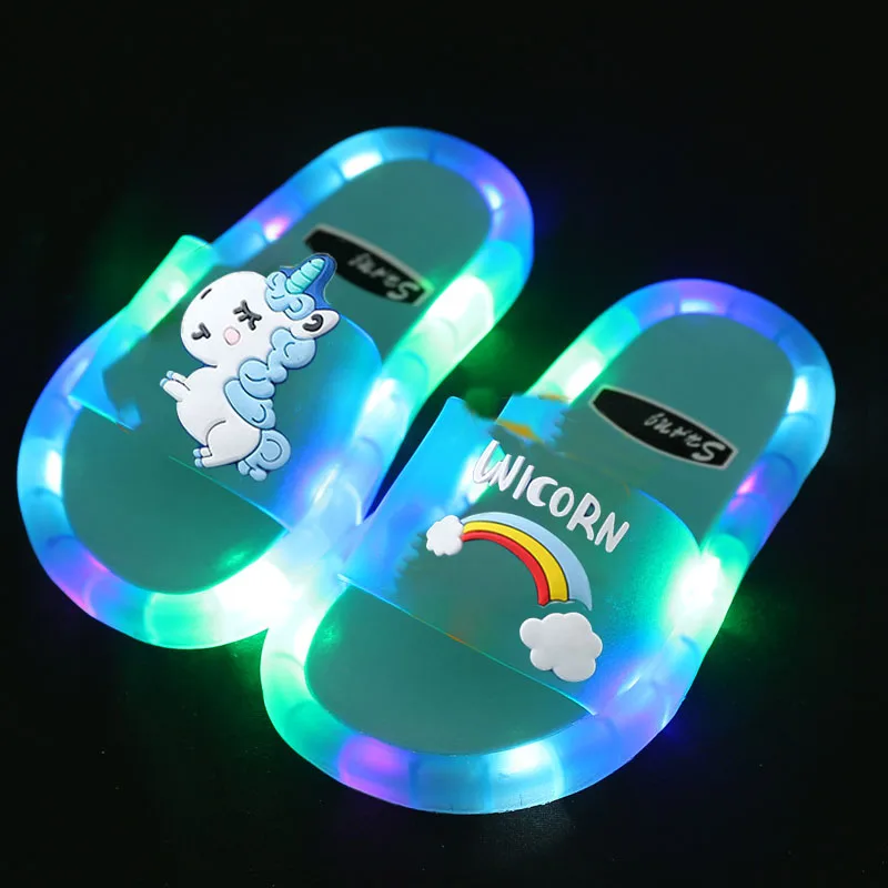 Boys Girls Lighted Slippers Cute Unicorn Smiling Face Flower Prints Children Slippers Fashion Flat Heels Home Slippers Kids