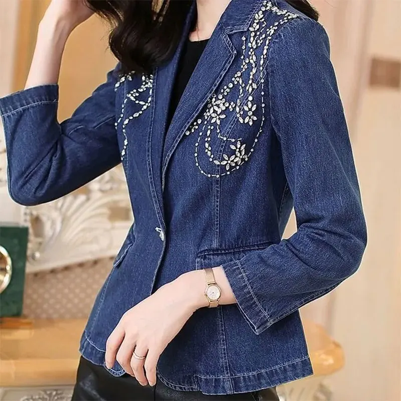

Denim Jacket Women 2023 Summer New Long-Sleeved Big Pocket Fashion Solid Color Slim Short Temperament Ladies Suit Top LT434