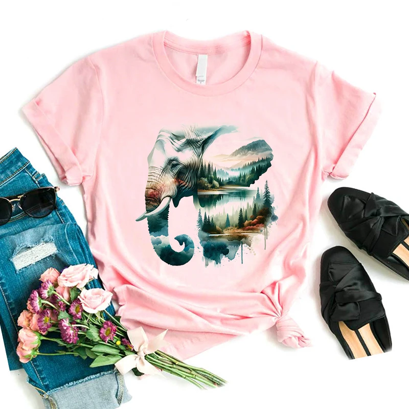 Aquarell Elefant Natur Tier Gedruckt T-shirt Mädchen Lustige Rosa T Shirt Frauen Casual Kunst Ästhetische Kleidung Sommer Tops T-Shirt – Detail 6