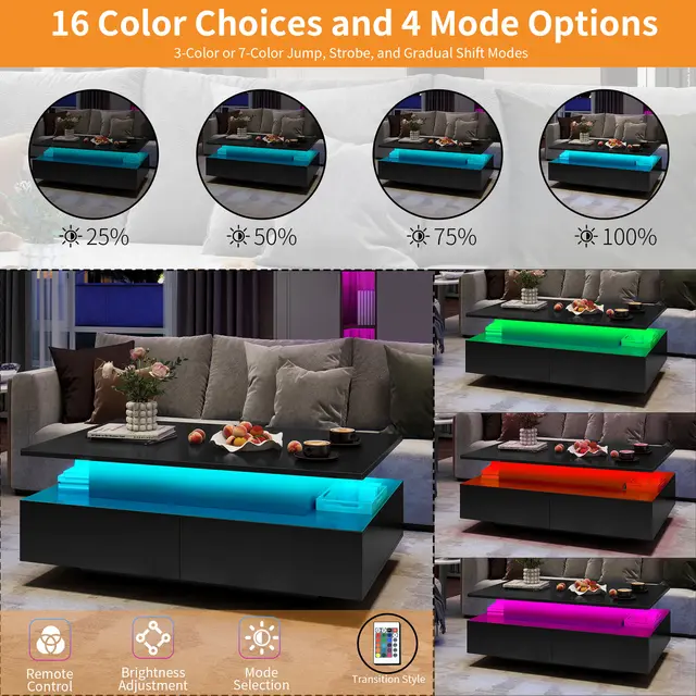 Lift Top Coffee Table with LED Lights & 4 Drawers for Living Room Cocktail Table 3