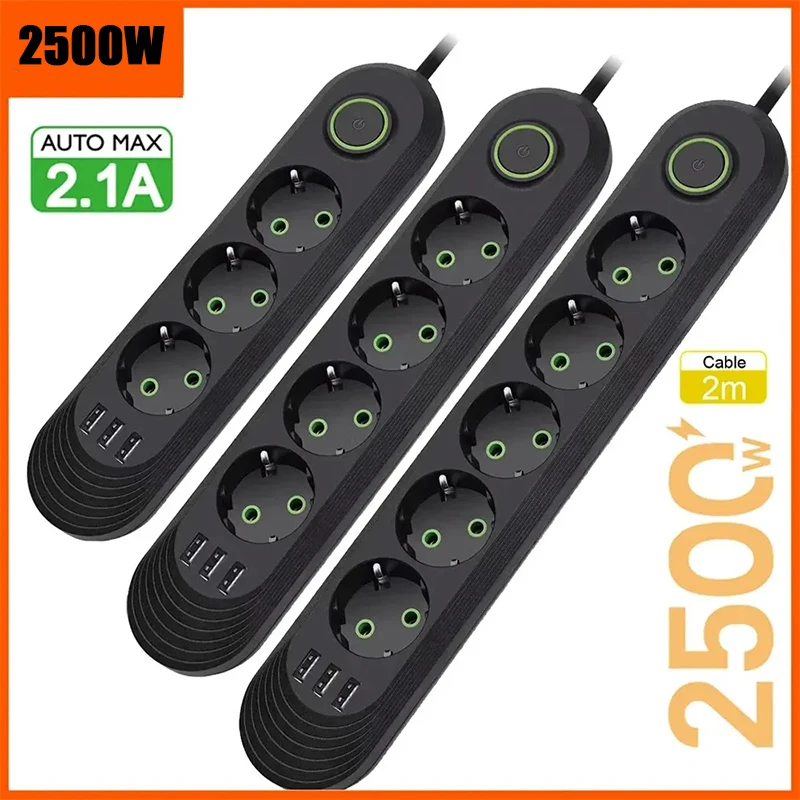 2500W EU Plug AC Outlet Multiprise Power Strip 2M Extension Cord Electrical Socket Network Filter With USB Ports Fast Charging, power strip