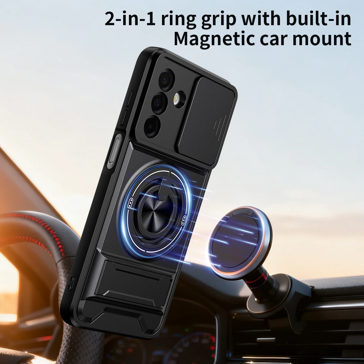 Shockproof Armor Case with Slide Lens Protector and Ring Holder
