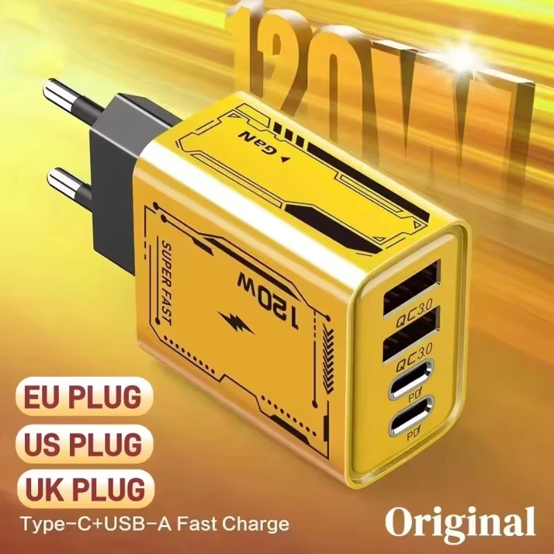 Caricabatterie Originale 120W EU/UK/US a 4 Porte, Ricarica Ultra Rapida Type-C GaN, Adattatore Universale USB-C QC 3.0 per Telefoni