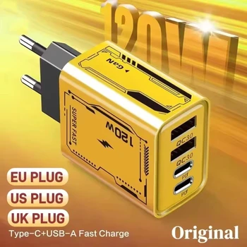 Caricabatterie Originale 120W EU/UK/US a 4 Porte, Ricarica Ultra Rapida Type-C GaN, Adattatore Universale USB-C QC 3.0 per Telefoni