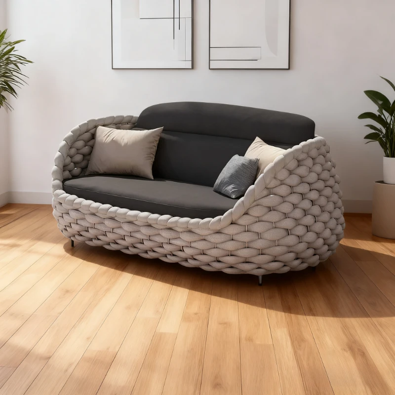 All-Weather Rattan Outdoor Sofa Set for Villa Balcony Living Room Courtyard Combination Double Chair Leisure Terrace Furniture