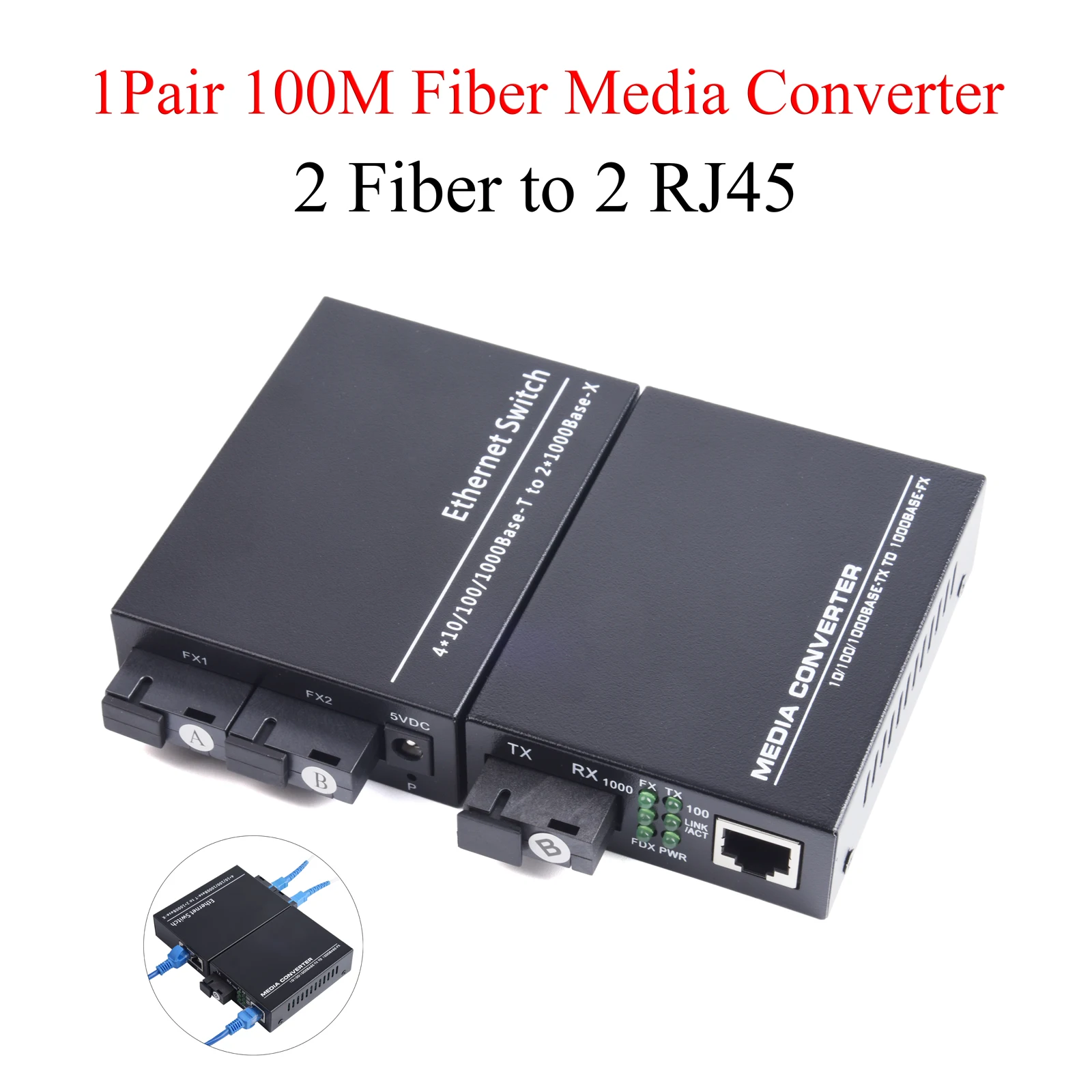 1 Pair 100M Fiber Optical Media Converter 10/100Mbps Single Mode 2 Fiber to 2 RJ45 UPC/APC SC-Port With Outdoor Wire