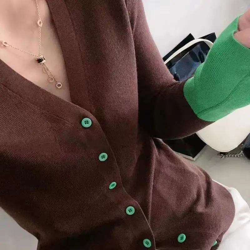 2024 Autumn New Simplicity Patchwork V-neck Long Sleeve Knitting Cardigan Ladies Fashion Slim Buttons Bottoming Shirt Femme Coat 3