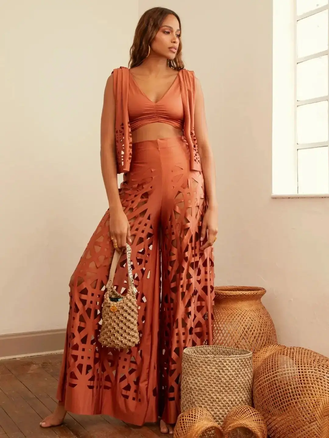 2024 Hot Sale Women Pants Set Hollow Out Wide Leg Pants Solid Color Trousers Overalls For Ladies High Street Female Clothing