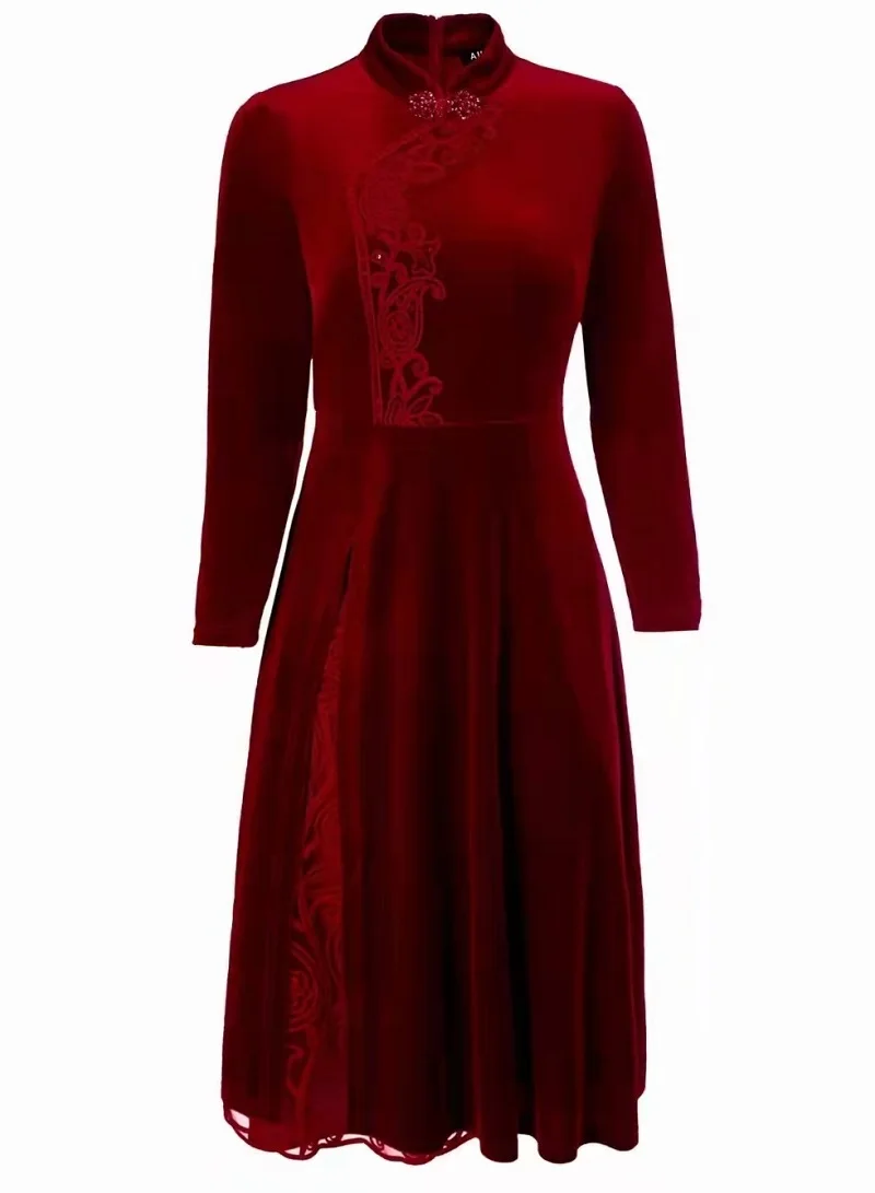 

High Quality Brand New Women's Dress 2022 Autumn Winter Party Bride Mother Luxury Beaded Embroidery Long Sleeve Red Purple Dress