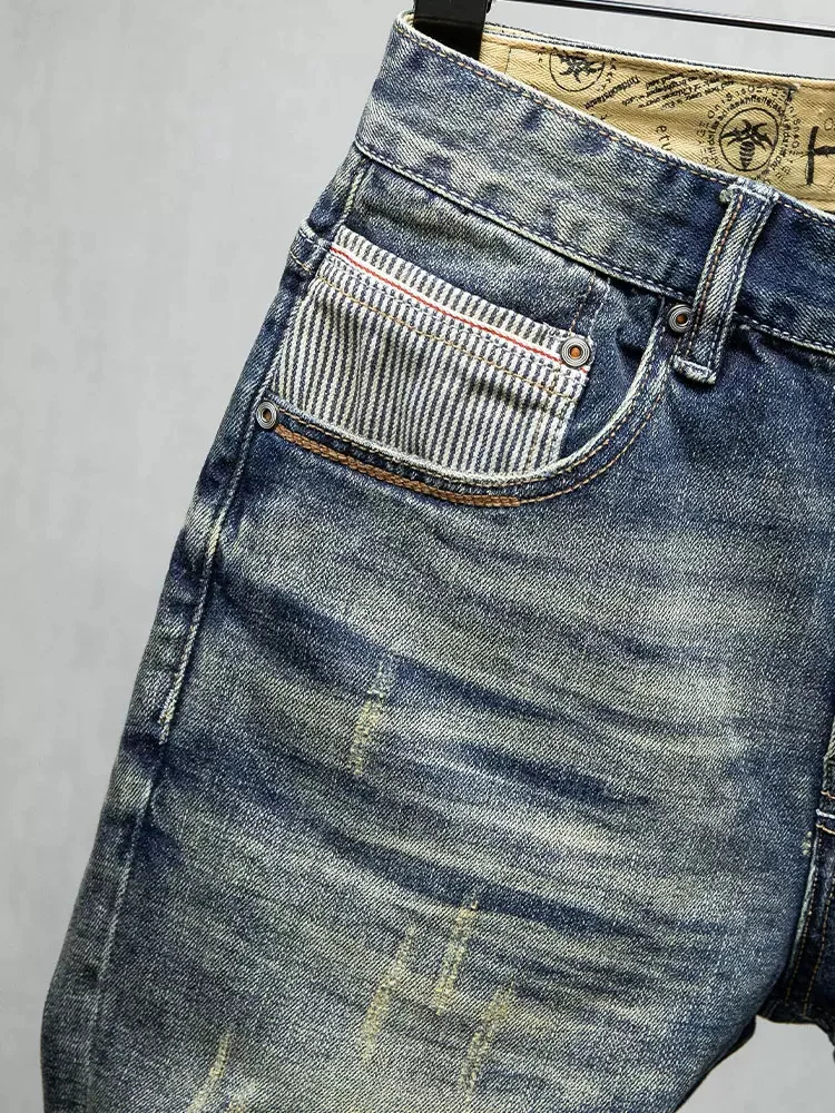 Summer Fashion Men Jeans Retro Blue Washed Elastic Slim Fit Ripped Short Jeans High Quality Vintage Designer Denim Shorts Men