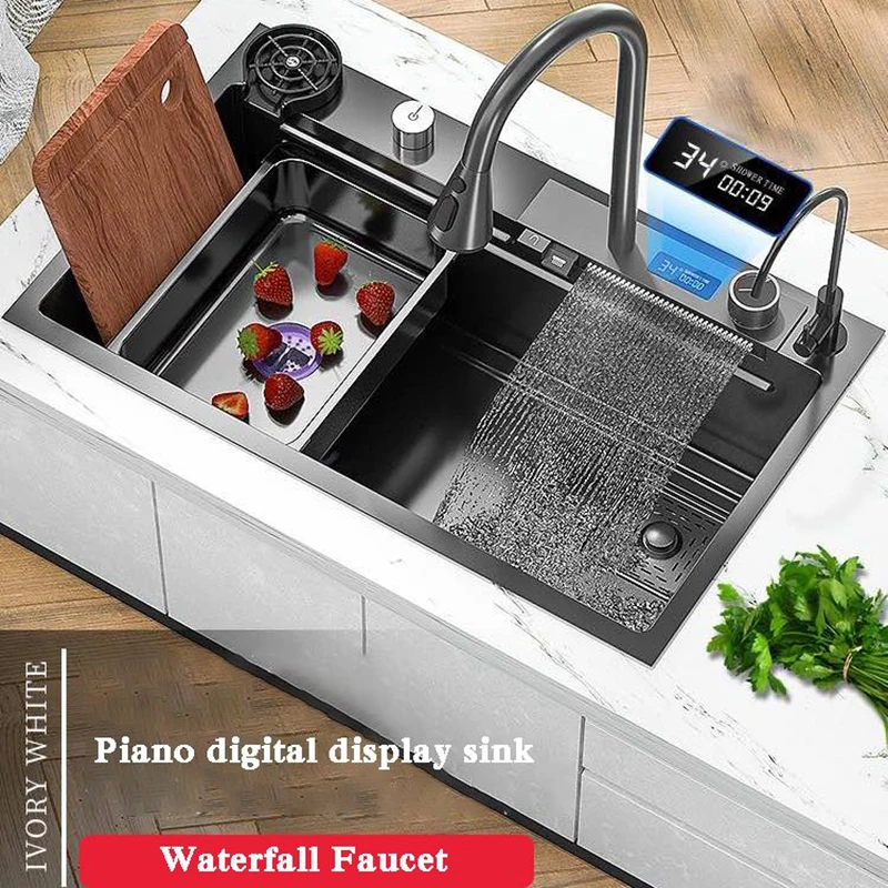 Digital Display Kitchen Sink 304 Stainless Steel Topmount Large Single Slot Wash Basin with Multifunction Touch Waterfall Faucet