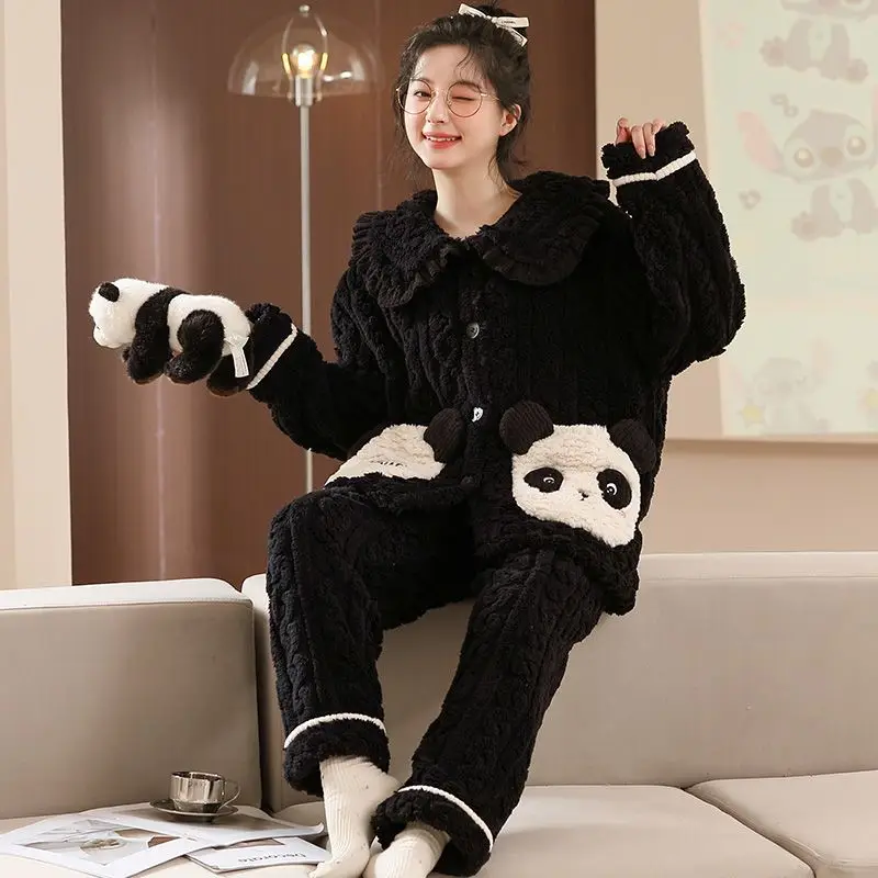 Autumn Winter Furry Pajama Lady Lovely Strawberry Bear Coral Velvet Pajama Set Nightdress Velvet Thickened  Wear A Homewear Set