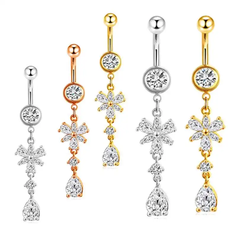 

Wholesales Stainless Steel Belly Ring Dangle Flower Heart CZ Crystal Navel Belly Button Rings Butterfly Navel Piercings 14G mix