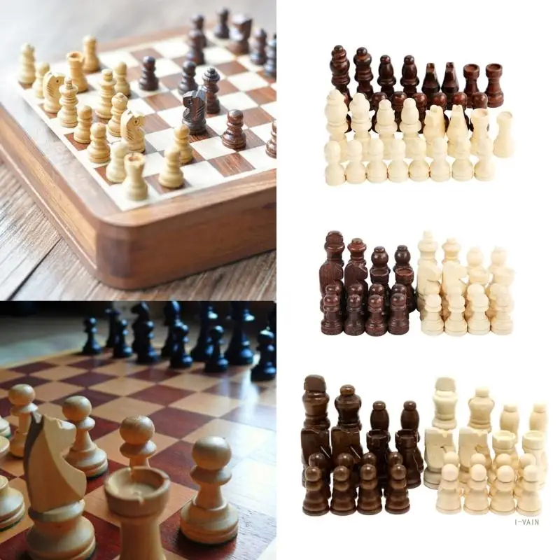 M5TC 32 Pcs Wooden International Chess Pieces Hand Carved Chess Game Pawns Figurine Pieces Board Accessories Durable