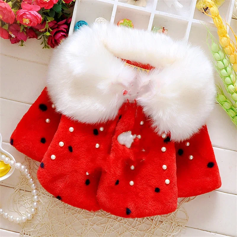 Winter Coat for Baby Girls Pearl Polka Dot Children's Thick Cotton Clothing 0-3 Years Old with Collar for Warmth