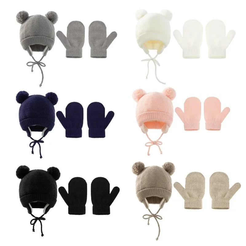 4sets New Unisex Winter Baby Toddler Hat Glove Set Warm Fleece Knitted Beanie Cap Newborn Beanie Mitten 1-4 Years