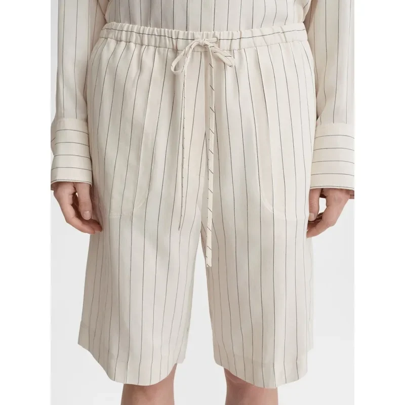 

TOT@ Shorts for Women in Spring/Summer 2024 New Beige Striped Elastic Waist Drawstring Shorts Niche Commuting.