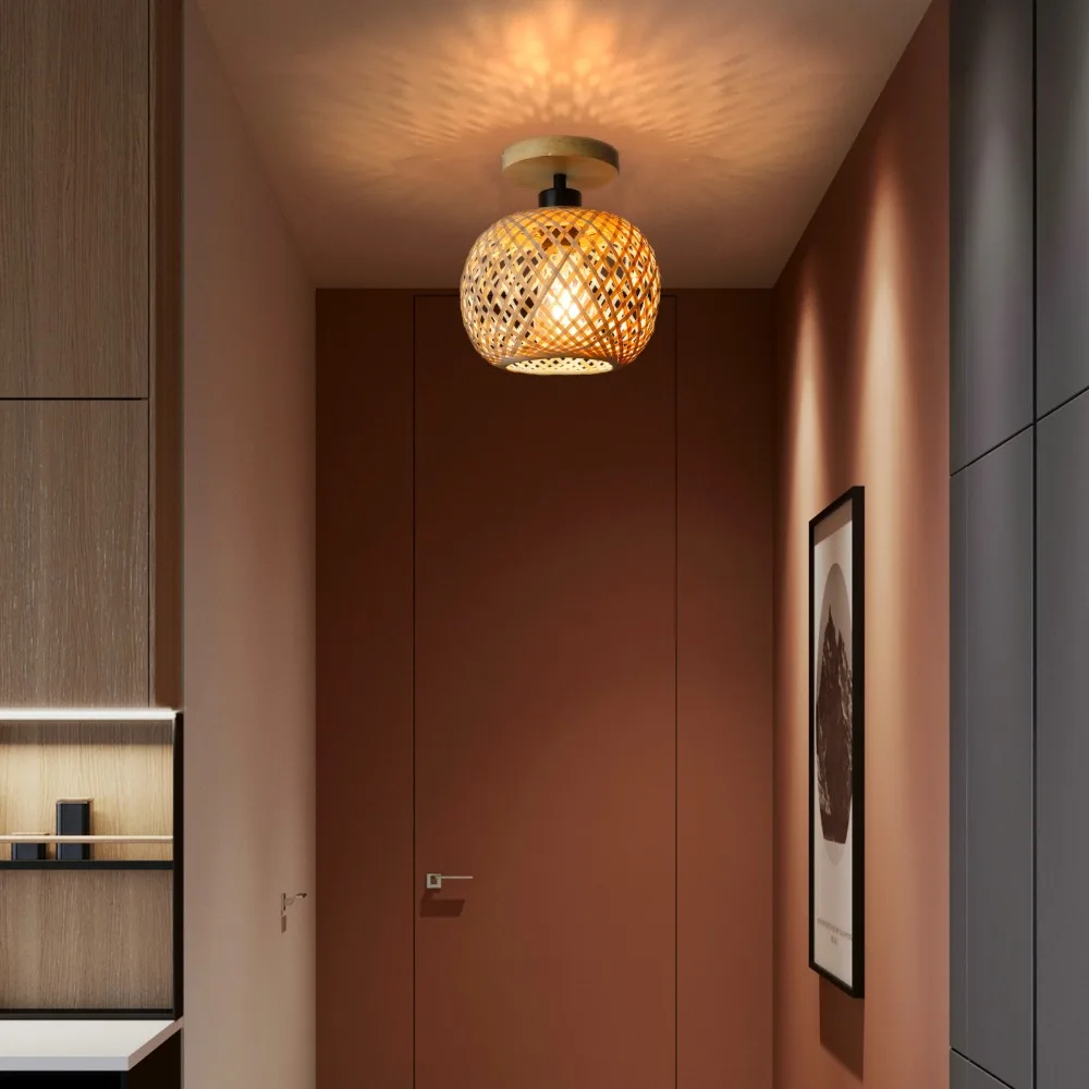 1pcs Handmade Bamboo Woven Ceiling Lamp Corridor Aisle Living Room Ceiling Light Retro Woven Lamps Decorative Fixtures No Bulb
