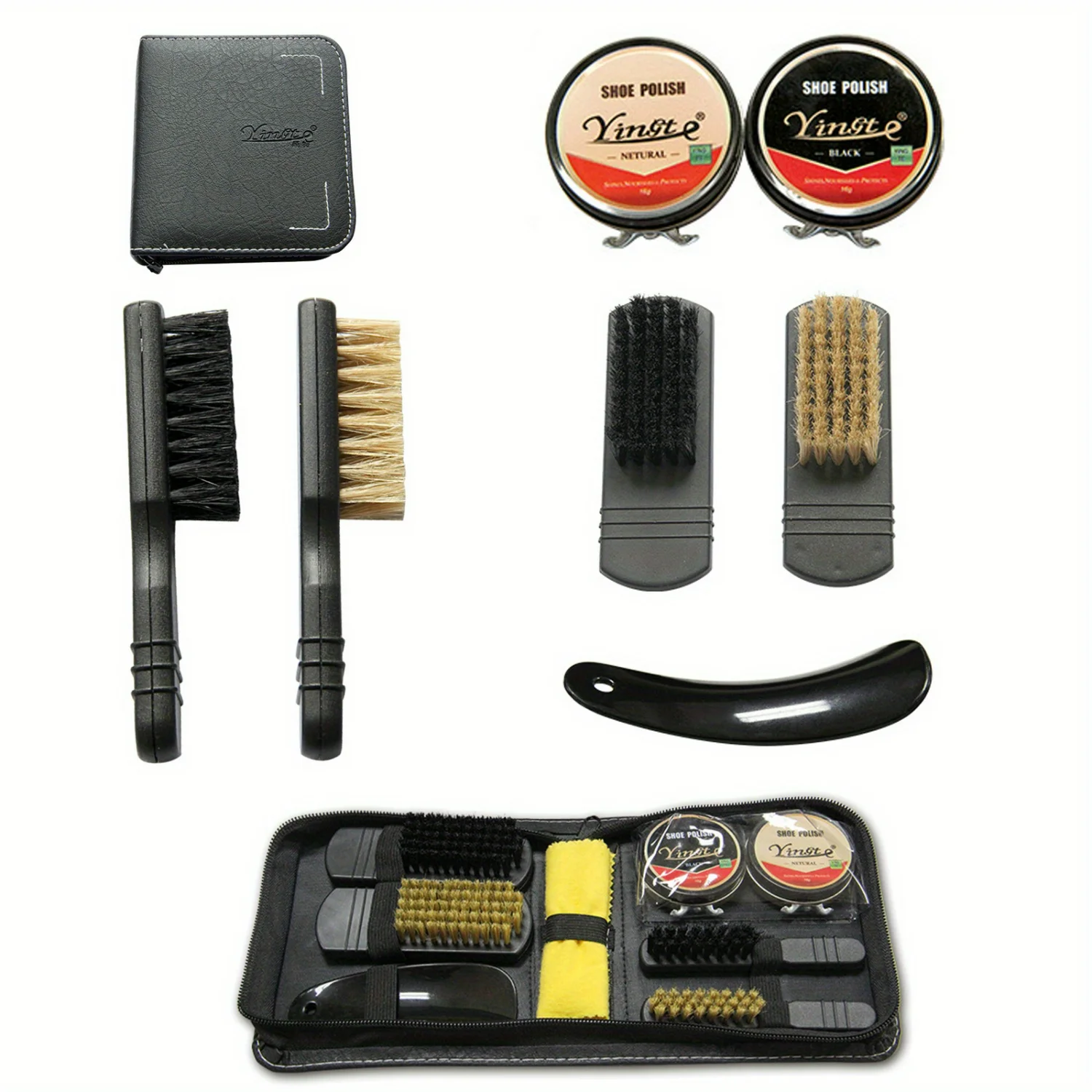 Travel Shoe Care Set Brush & Polishing Kit PU Leather Case