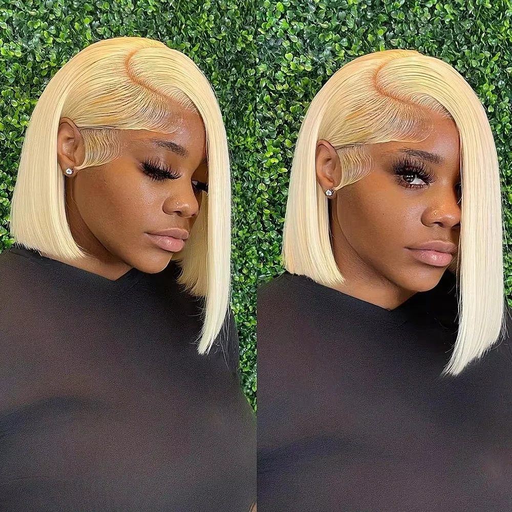 200% #613 Bob Honey Blonde Straight Blonde 13x4 Lace Frontal Wigs HD Transparent Brazilian Pre Plucked Lace Front Human Hair Wig