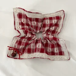 Women's Sweet Style Red Check Cherry Scrunchie with Lace Scarf Hair Accessory Gift (A)