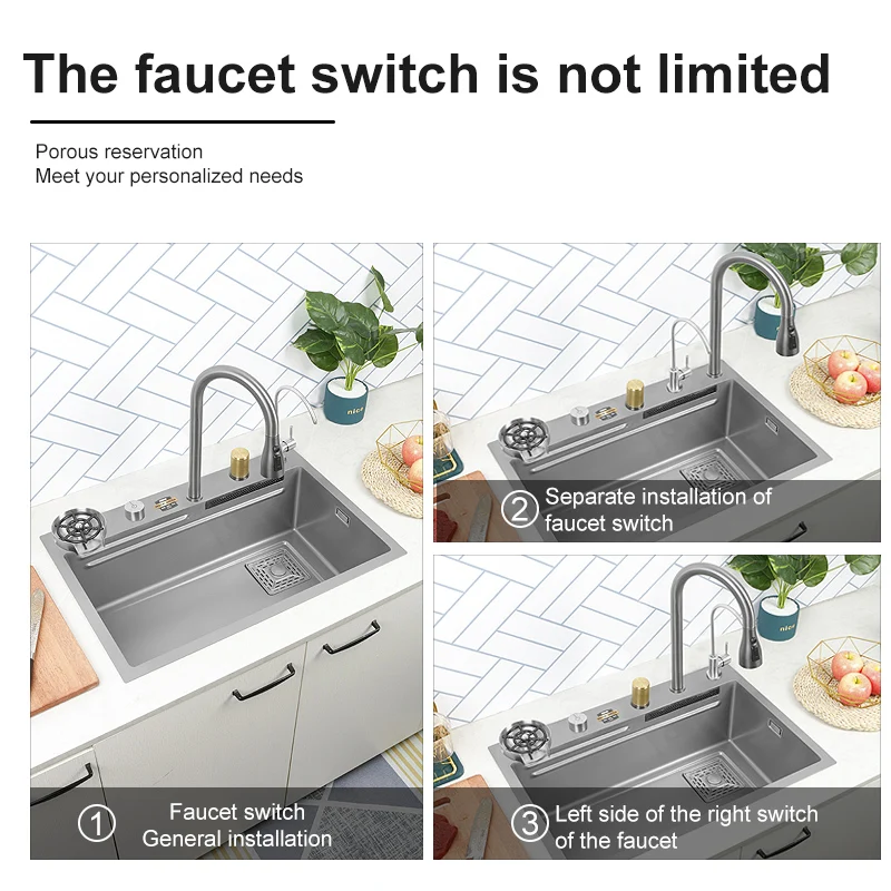 New Gray Nano Waterfall Kitchen Sink 304 Stainless Steel Sink Large Single Slot With Waterfall Faucet For Kitchen Renovation