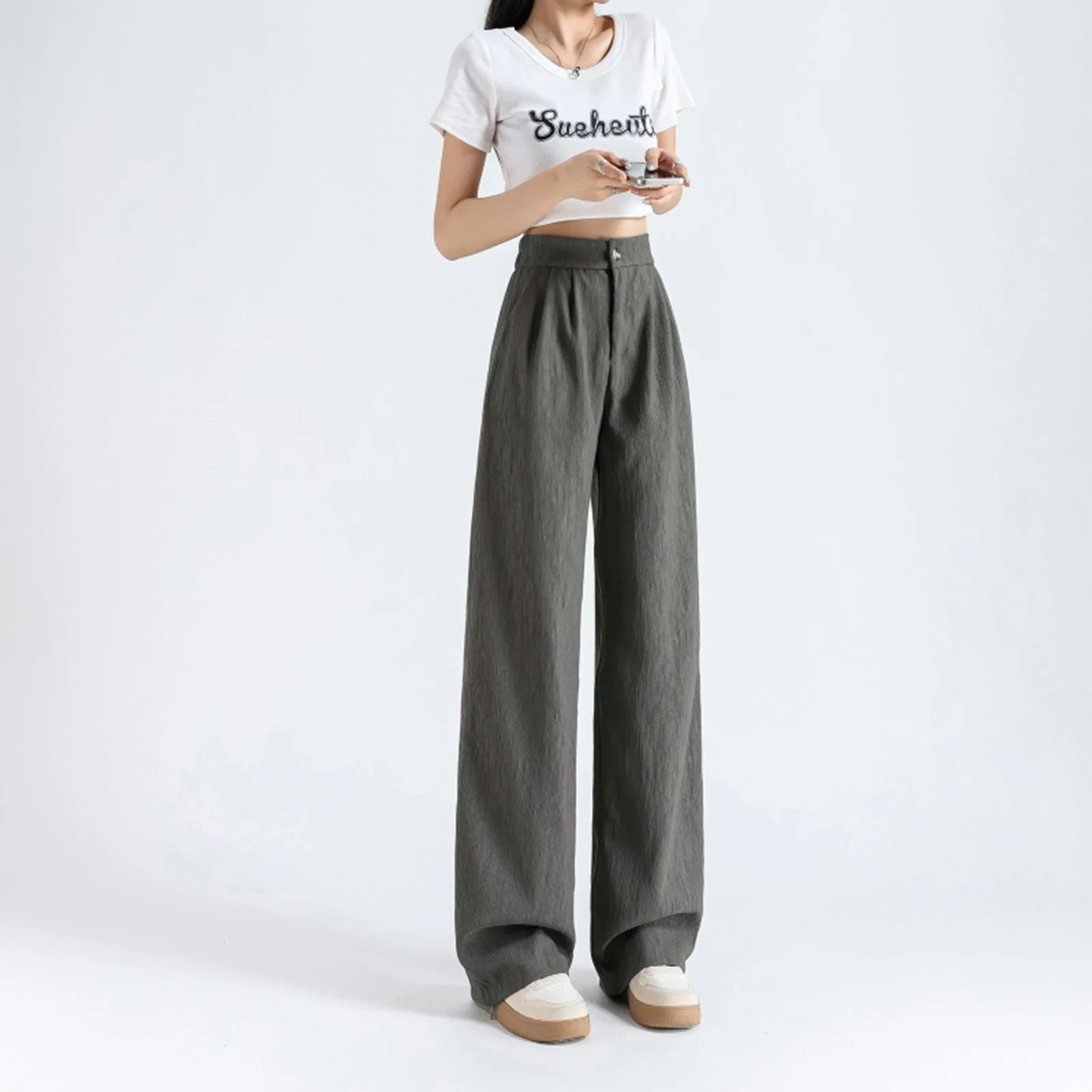 

Fall Spring Gray Suit Haren Pants Women Fashion Elastic High Waist Casual Trousers Woman Korean Style Solid Office Pant 2024 New