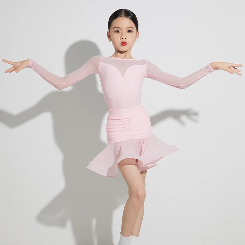 

Girls Latin Dance Competition Dress Pink Rumba Samba Dancewear Practice Suit ChaCha Performance Costume Bodysuit Skirt DL11176