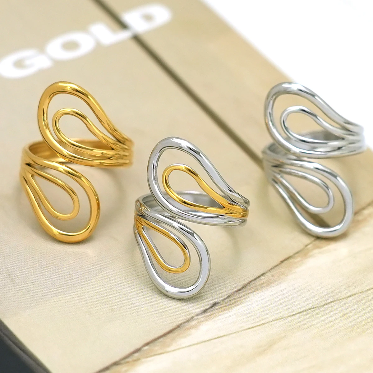 Mehrschichtige Ringe aus Edelstahl für Frauen, Metallfinger-Ausschnittringe, wasserdichter Schmuck, Geschenk für Freundin, Schmuck – Detail 6