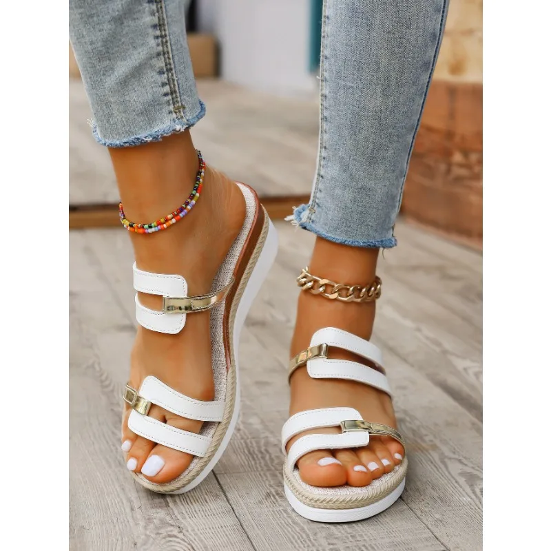 Womens Wedges Sandals Tan Ladies Summer Casual Shiny Leather Thick Bottom Outer Wear Beach Slope Heel Big Swim Sandals Women