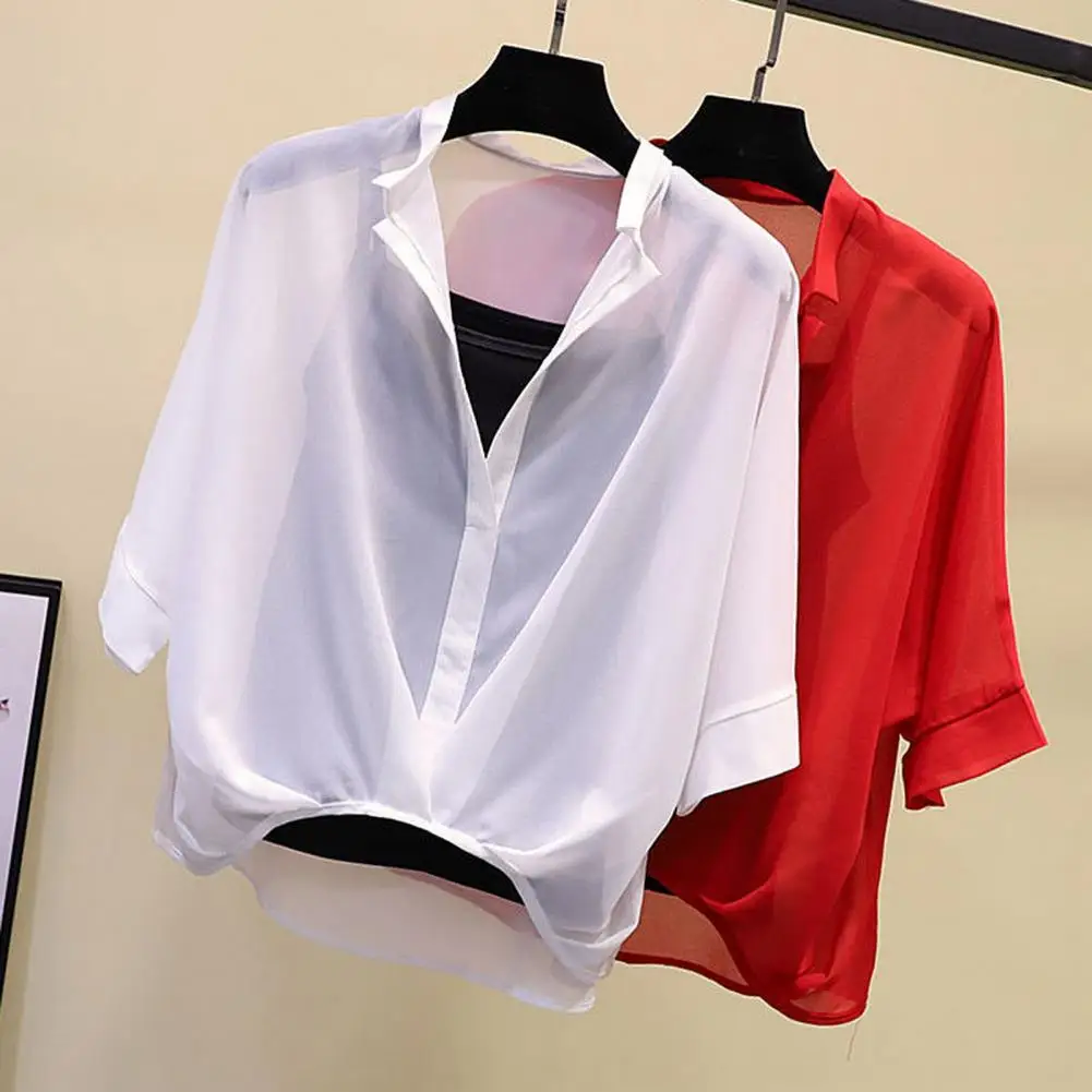 

Ladies Summer Two Piece Set V-neck Batwing Sleeves Thin Pullover See-through Blouses Striped Print Lady Shirt Camisole Sets