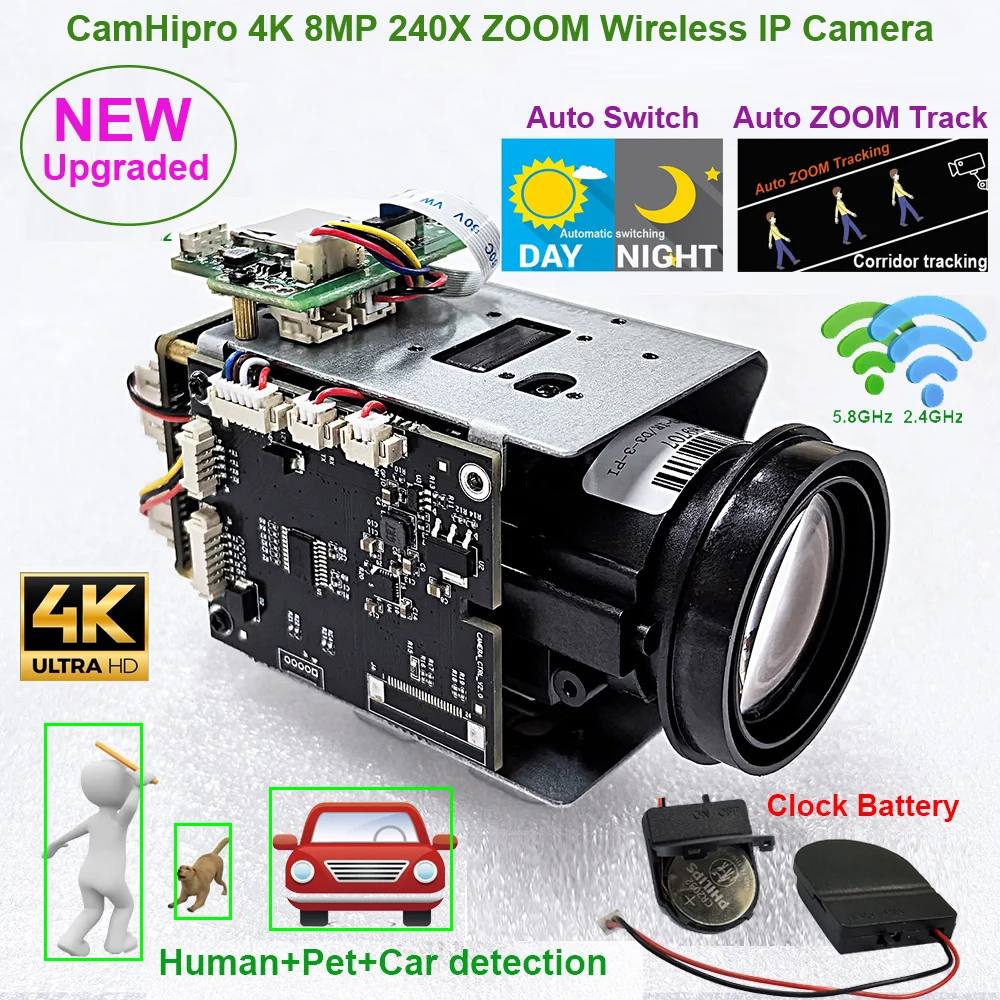 Camhipro 4K 8MP 240X zoom auto Tracking Wifi wireless IP Camera