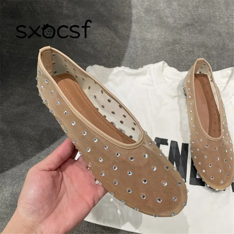 

Crystal Studded Women Ballet Flats Mesh Dance Flat Shoes Casual Driving Walking Loafers Espadrilles Ladies Slip-on Lazy Shoes