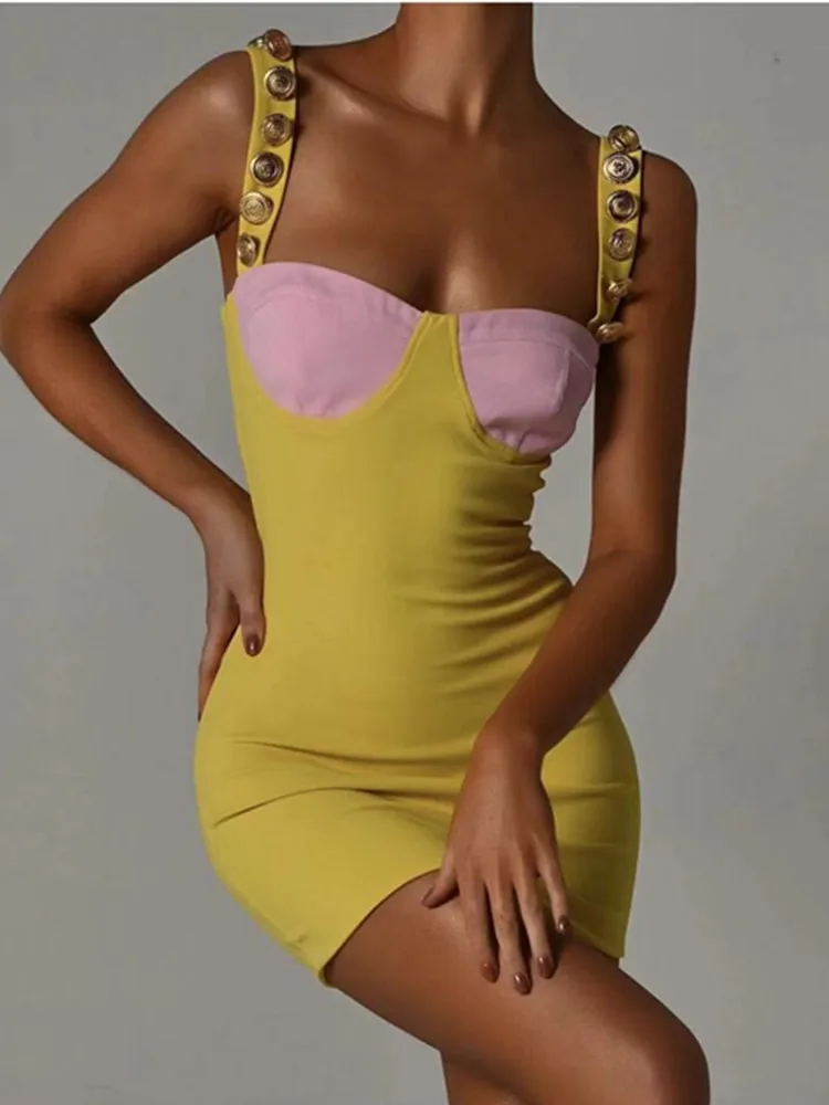 

2022 Summer Designer Fashion Women Mini Bodycon Bandage Dress Gold Buttons Strap Color Matching High Street Club Party Dresses