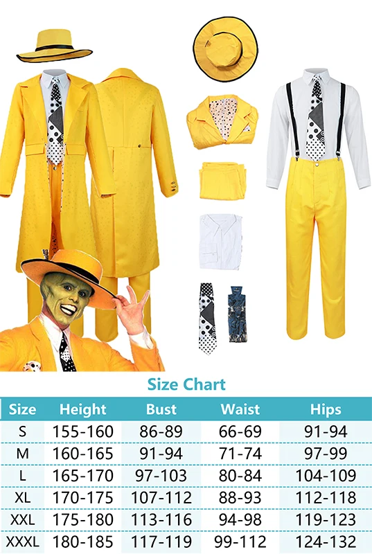 Película La Máscara Cos Jim Carrey Disfraz de Cosplay Trajes Ropa Amarilla Máscara Trajes Fiesta de Carnaval de Halloween Traje Para Hombres Juego de Roles