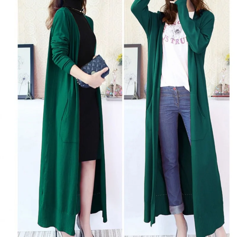 여성 얇은 케이프 아우터 니트 가디건 코트, 엑스트라 롱 스웨터, 봄 가을