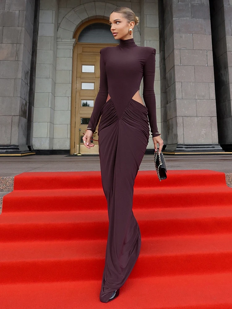 Nibber Hipster Waistless Ruched Elegant Dress Woman Autumn Style Turtleneck Full Sleeve Hollow Design Prom Party Long Bodycon