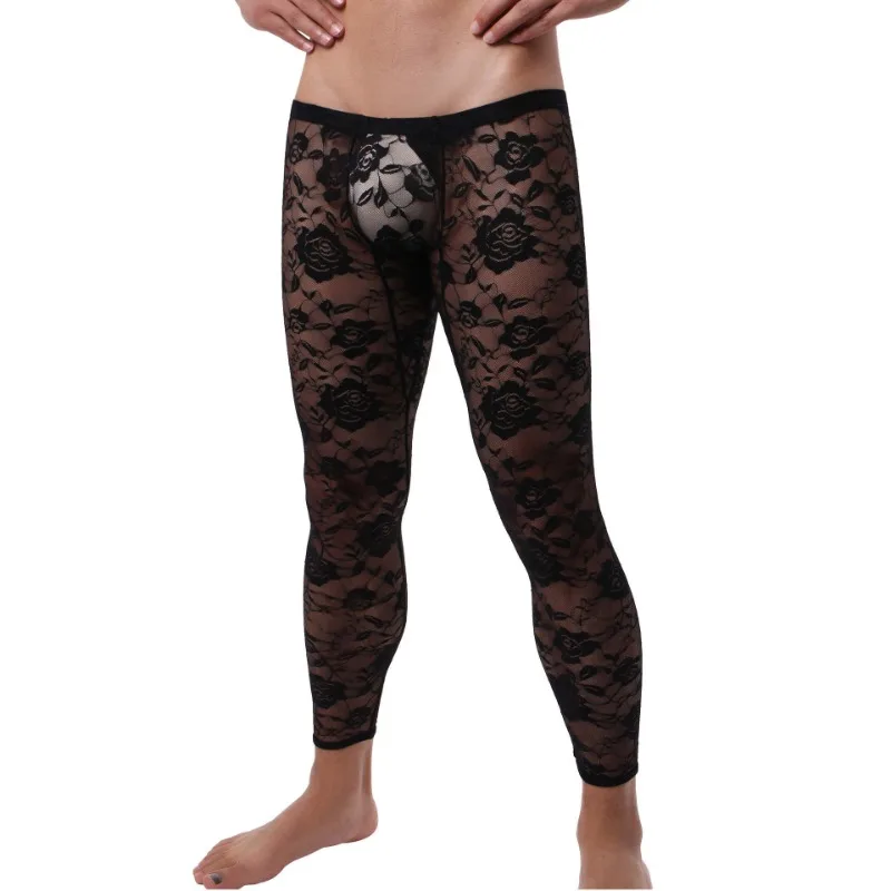 

Full Floral Lace Men Pants Transparent Elastic Waist Sexy Sheer Lingerie Party Nightclub Trousers Home Lounge Pants Sleepwear
