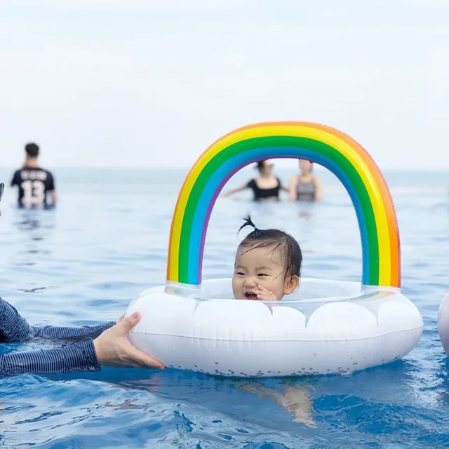 Baby Swimming Ring Seat Cute Rainbow Inflatable Swim Ring Float Seat Swim Circle Pool Accessories Swim Circle For Kids Water Toy 2