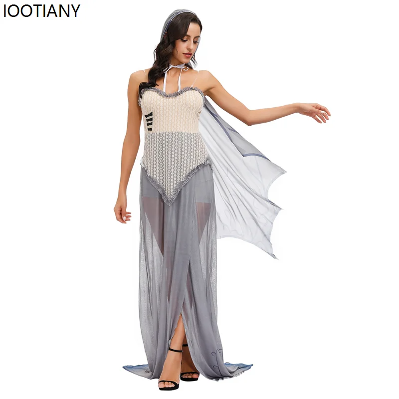 Women Sexy Zombie Bride Cosplay Costumes Halloween Ghost Bride Fancy Dress With Cape Carnival Party Stage Performance Dress Up