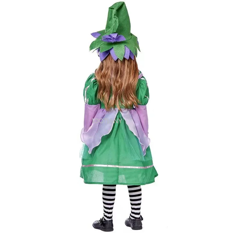 Green Girls Flower Fairy Elf Cosplay Outfit Children Halloween Goblin Costumes Carnival Purim Parade Role Play Party Dress