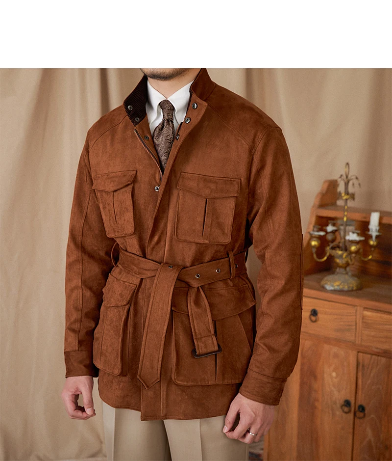 Gentry High-Style Wildleder-Jagdjacke, Gürtel, mehrere Taschen, warme, schmal geschnittene Freizeitjacke für Herren – Detail 25