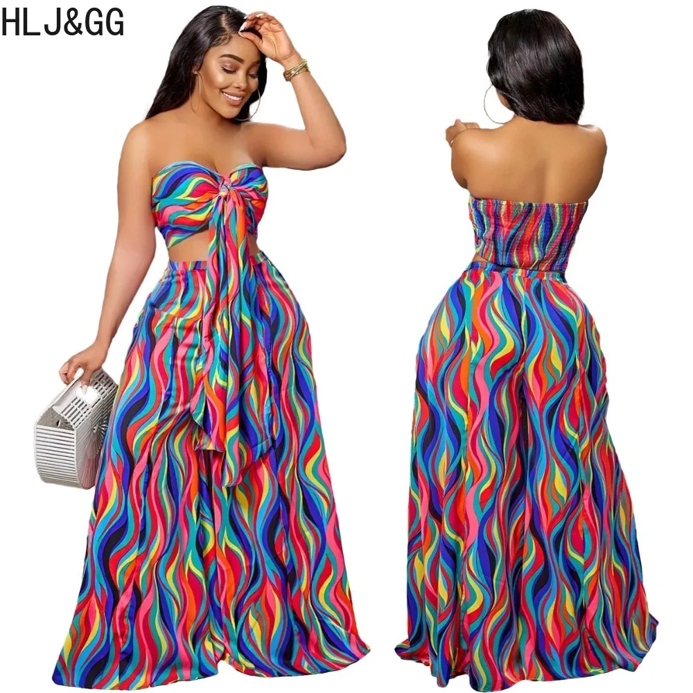 HLJ&GG Summer Colored Stripes Print Wide Leg Pants Two Piece Sets Women Bandage Backless Tube + Pants Outfits Fashion Streetwear 3 boxes mini crayon sets miniature sketch pencil mini drawing colored pencils portable color pencils colorful party favors doll