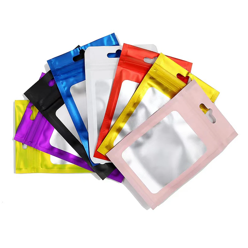 100Pcs 지퍼 잠금 다채로운 알루미늄 호일 가방 교수형 구멍 매트 지우기 창 셀프 그립 지퍼 인감 눈물 노치 재사용 가능한 식품 팩